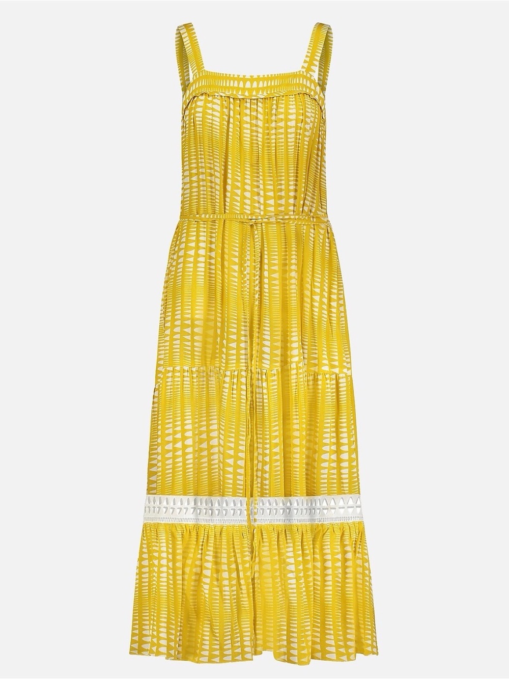Lemlem Welele Sweepy Maxi Sundress Small Yellow White Eyelet Tiered Belt Pockets